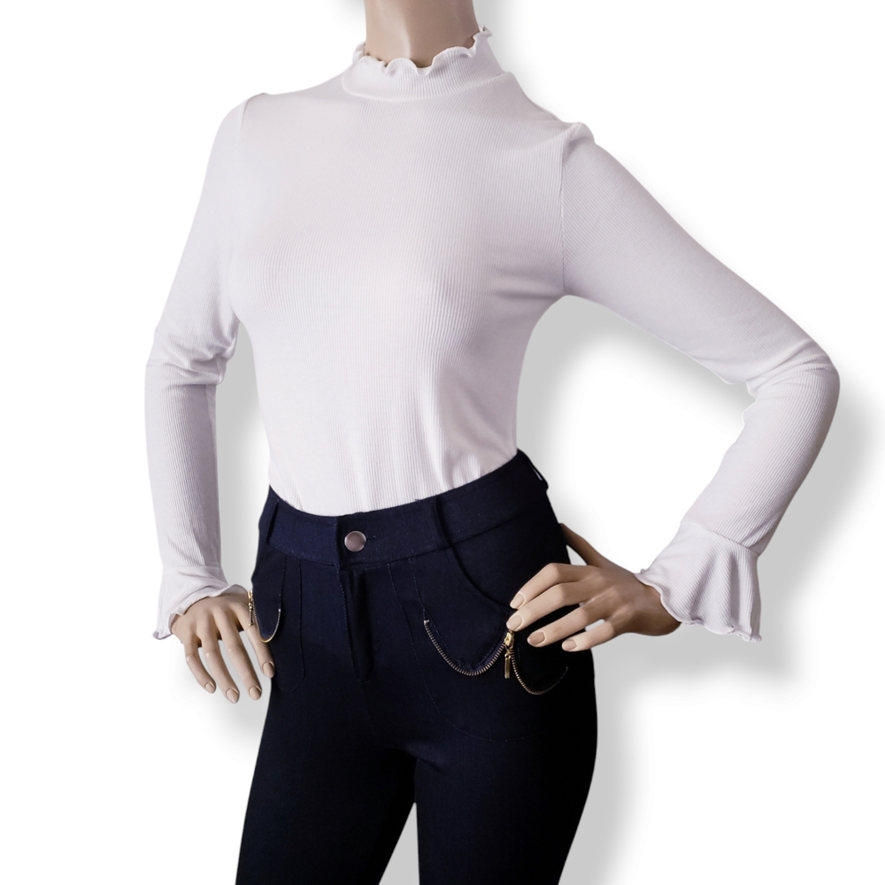 Heart & Hips White Ribbed High Collar Long Sleeve Scalloped Lettuce Edge Top